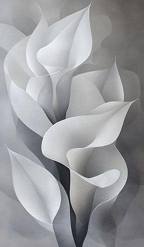 Wadi Home abstract monochrome wall art featuring calla lilies in white and gray, modern floral design.