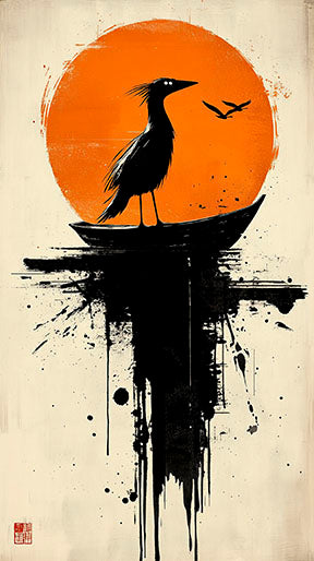 Wadi Home abstract wall art: black bird silhouette on a boat against an orange sun with ink splatters.