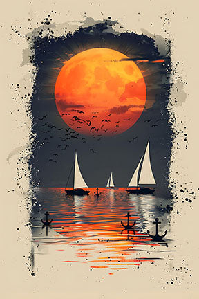 Wadi Home Sailboats under a full orange moon, watercolor splatter effect art. Silhouettes of sailboats and anchors on tranquil water.