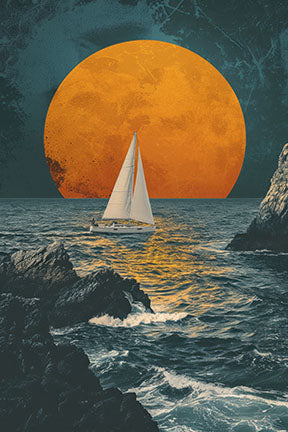 Wadi Home sailboat art: lone sailboat on choppy seas under a large orange moon, dark rocks, teal sky.