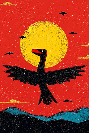 Wadi Home black dinosaur art print with outstretched wings flying under a yellow sun against a red sky.