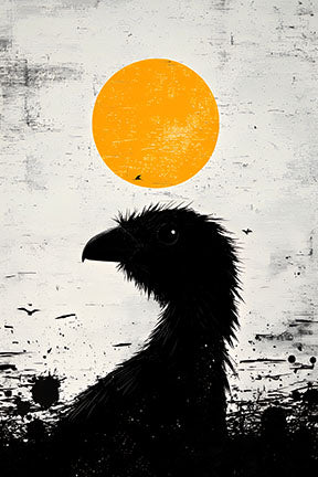 Wadi Home abstract wall art featuring a black bird silhouette against a textured orange sun and white background.