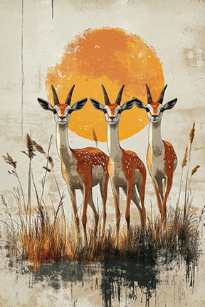 Wadi Home canvas print of three gazelles in tall grass with a large orange sun.
