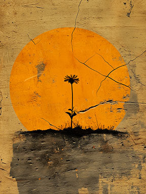Wadi Home minimalist wall art: single black flower silhouette against textured orange sun, distressed earthy background.