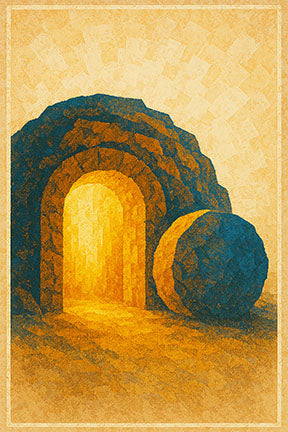 Wadi Home abstract wall art of the Empty Tomb with golden light, blue stone, and textured yellow background.