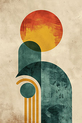 Wadi Home abstract geometric arch canvas art with warm oranges, yellows, and teal hues. Modern wall art.