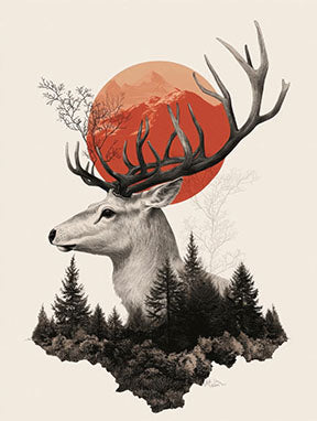 Wadi Home Majestic Stag Forest Landscape Wall Art featuring a stag with large antlers, forest, and a red sun.