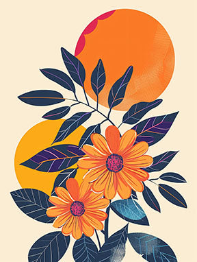 Wadi Home Abstract Floral Sunburst Wall Art with orange daisies, navy foliage, and sunburst circles on a cream background.