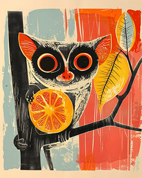 Wadi Home whimsical art print of a grey forest creature with large eyes holding a slice of orange, perched on a branch.