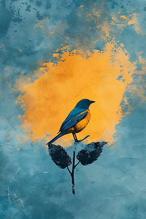 Wadi Home abstract wall art featuring a blue and yellow bird on a branch with textured blue and orange background.