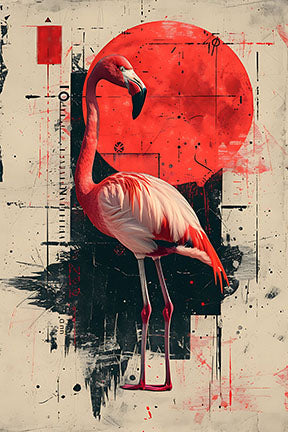 Wadi Home abstract flamingo art print with red, black, and cream colors. Features a flamingo against a red sun and geometric shapes.