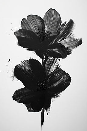 Wadi Home abstract floral wall art with bold black brushstrokes on white background, modern minimalist design.