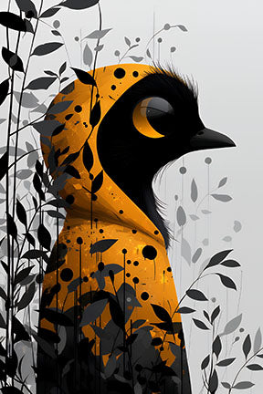 Wadi Home abstract bird wall art in black and vibrant orange with dark foliage detail.