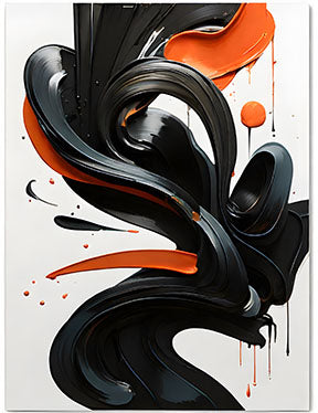 Wadi Home abstract wall art with glossy black and orange swirls, modern design.