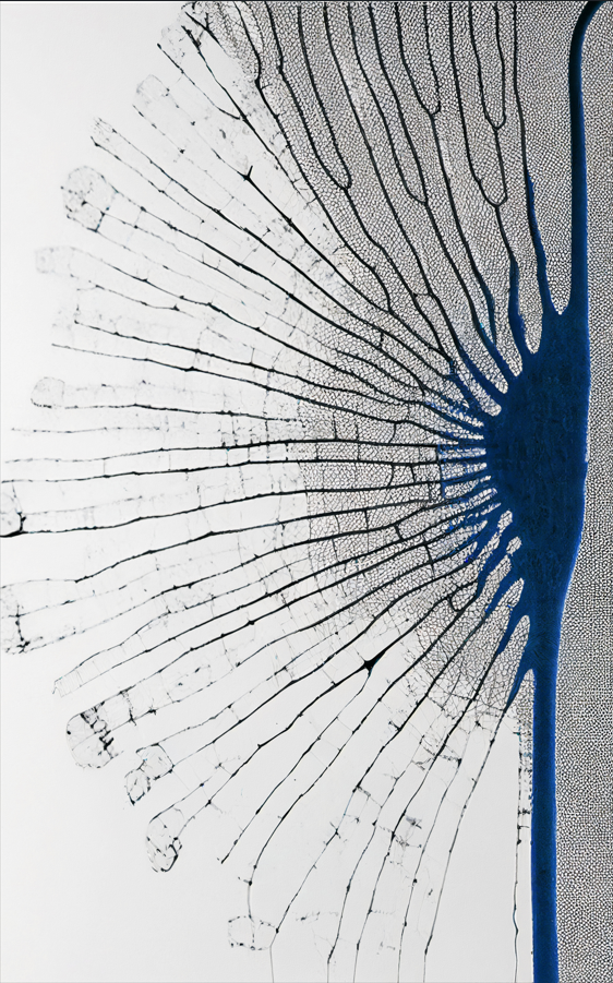 Wadi Home abstract dandelion artwork in black, white, and blue, featuring a delicate seed head design.