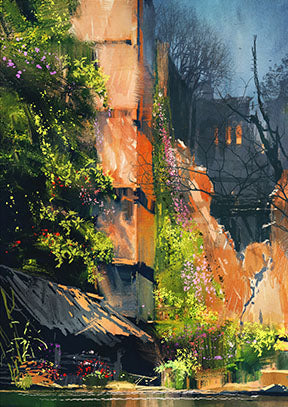 Wadi Home vibrant watercolor landscape painting with greens, oranges, and blues, featuring a rustic dwelling and lush foliage.