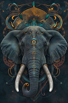 Wadi Home majestic elephant portrait canvas art with gold and teal accents, detailed face and ornate decorations.