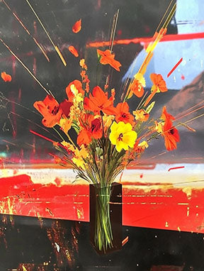 Wadi Home abstract floral arrangement wall art with vibrant red, orange, and yellow flowers in a glass vase.