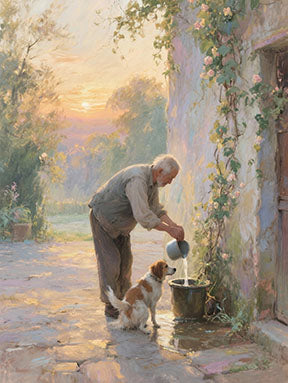 Wadi Home painting of an old man watering his dog at sunset on a cobblestone path with ivy-covered walls.