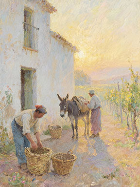 Wadi Home painting of a rustic farmhouse scene at sunset with a donkey and two figures gathering harvest in baskets.