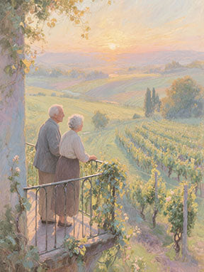 Wadi Home couple embracing on balcony overlooking vineyard at sunset, soft painterly style.