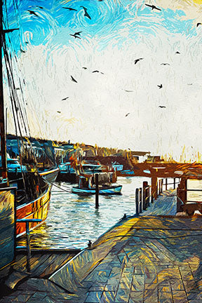 Wadi Home Coastal Harbor Scene Wall Art featuring boats docked in a sunlit harbor with blue sky and water.