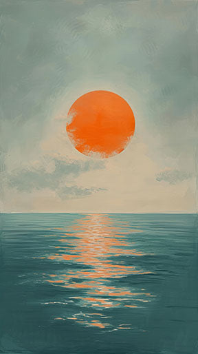 Wadi Home Serene Sunset Over Ocean Wall Art, featuring a vibrant orange sun setting over calm blue waters with reflections.