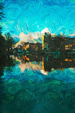 Wadi Home Impressionist water landscape wall art with vibrant blues and greens, depicting a waterside town and shimmering reflections.