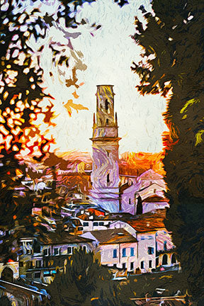 Wadi Home European cityscape wall art with tower at sunset, painterly style.
