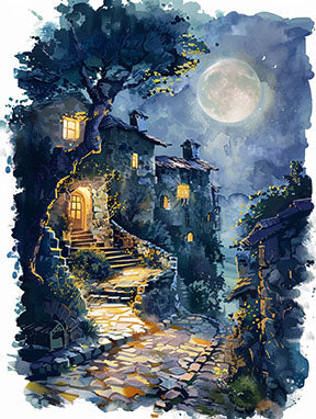 Wadi Home Enchanted Moonlit Village Pathway Wall Art depicts a cobblestone path winding through a village under a full moon. Warm lights glow from cottages.