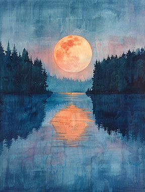 Wadi Home Enchanted Moonlit Lake wall art featuring a vibrant orange moon over a reflective blue lake and pine trees.