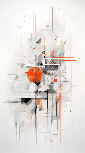 Wadi Home abstract geometric wall art with orange circle and black lines on white background.