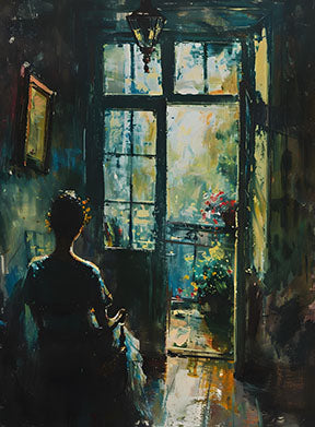 Wadi Home woman looking out window wall art, painterly style, dramatic lighting, serene moment captured.