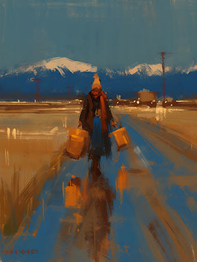 Wadi Home winter landscape painting of a lone figure with luggage walking on a wet path towards snow-capped mountains.