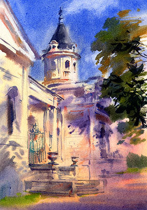 Wadi Home architectural watercolor painting of a historic building with a dome, bathed in sunlight, featuring blues and soft hues.