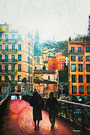 Wadi Home Impressionist cityscape painting of two figures walking on a bridge lined with colorful buildings, textured brushstrokes.