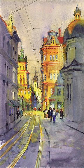 Wadi Home European city street watercolor painting with historic architecture and tram tracks, warm sunlight.
