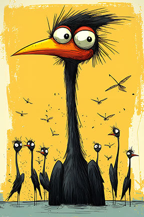 Wadi Home Whimsical Bird Family wall art with a large-eyed black bird and smaller birds on a yellow background.