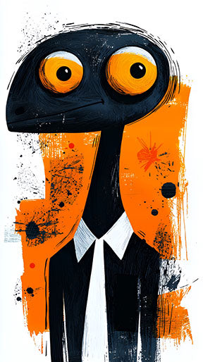 Wadi Home abstract wall art of a black creature with large orange eyes in a black suit and white shirt against an orange and black background.