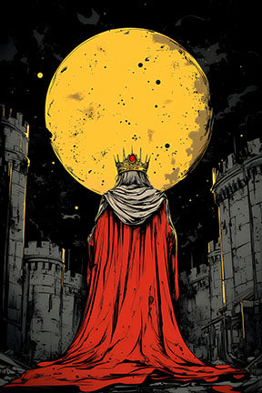 Wadi Home artwork: King in red cloak and crown before a full moon and castles. Fantasy art.