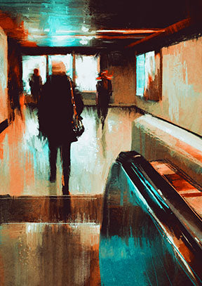 Wadi Home abstract wall art depicting silhouetted figures on an escalator with warm oranges, browns, and teal accents.
