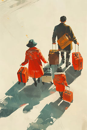 Wadi Home couple with luggage wall art, featuring a couple in red coats walking with orange luggage, abstract style.