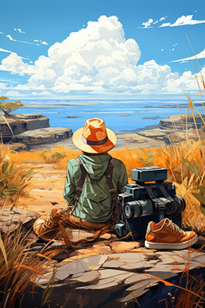 Wadi Home artwork: Traveler in straw hat and green jacket sits on rocks, gazing at ocean horizon. Luggage and boots nearby.