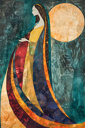 Wadi Home abstract wall art of a woman with a moon, featuring vibrant blues, oranges, and yellows in a flowing design.