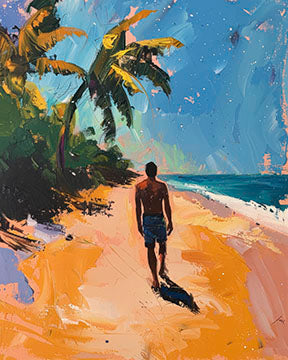 Wadi Home tropical beach scene wall art, impressionistic style, man walking on sandy beach with palm trees and blue sky.