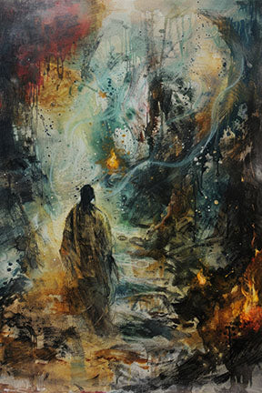 Wadi Home abstract figurative landscape wall art with solitary figure in textured, dreamlike environment, rich colors.