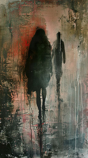 Wadi Home abstract wall art of two silhouetted figures walking in the rain, moody greens, grays, and orange.
