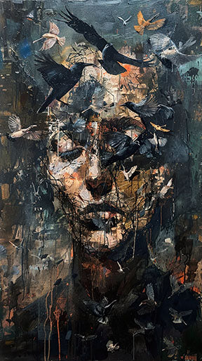 Wadi Home abstract portrait wall art with a dark, textured palette and a human face surrounded by birds.