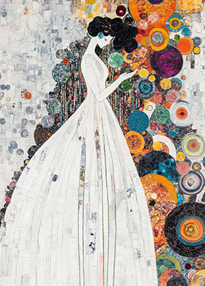 Wadi Home abstract wall art of a woman in a white dress with colorful circles and patterns.