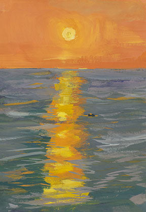 Wadi Home canvas wall art depicting an impressionistic sunset over water with vibrant orange, yellow, and blue hues.
